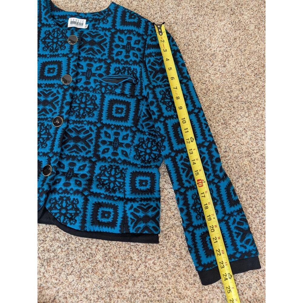Vintage Leslie Fay Lady Jacket Blazer Button Up Crop Teal Black USA Size 18 - Picture 8 of 8